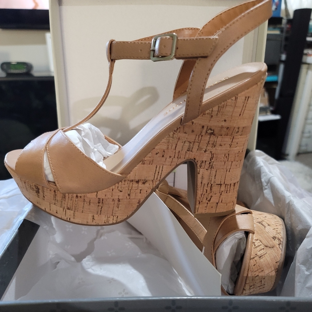 Women's Cork Platform T-Strap Sandals in Tan